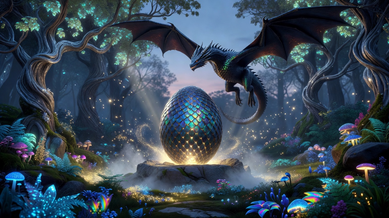 Giant glowing dragon egg in a magical sanctuary with a dragon flying above
