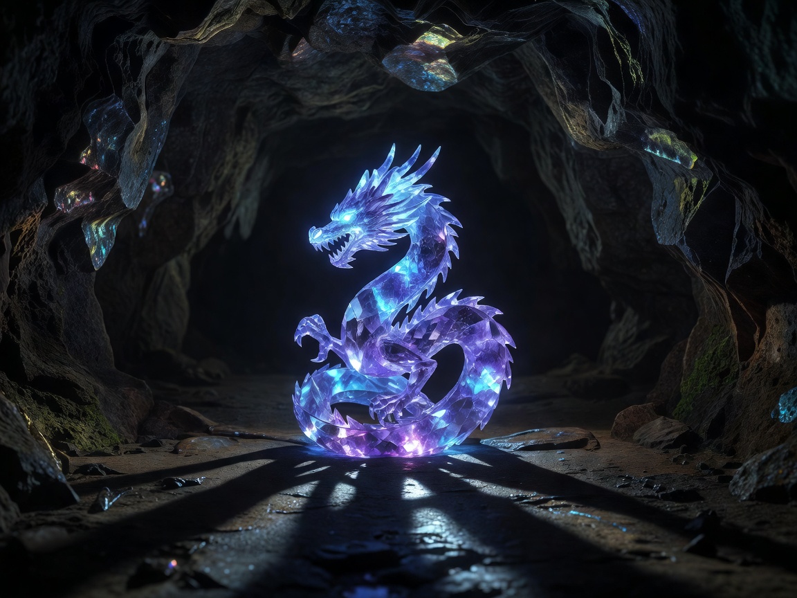 Glowing dragon crystal inside a dark cave